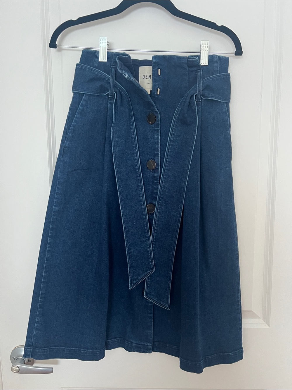 Sézane Zia Denim High-Waist Button-Front A-Line Skirt in Dark Blue
